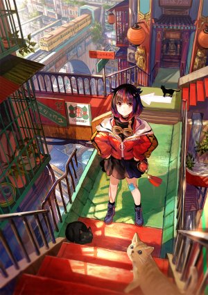 原创,藤ちょこ,single,長身像,脸红,视线正对,短发,黑发,前发,红色眼,笑顔,全身,阴影