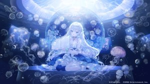 aitsuki_nakuru,la_priere,おにねこ,动物,碧眼,三股辫,breasts,cleavage,灰发,holding,长发,坐姿,天空,笑顔,single,丝袜,超长发