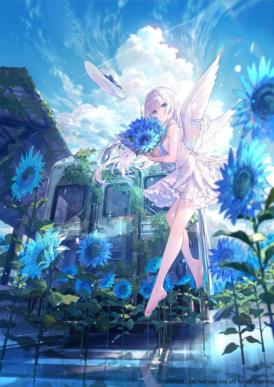 原创 藤ちょこ 碧眼 花束 连衣裙 全身 Holding 长发