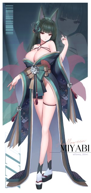 星见雅,绝区零,lemonpear,兽耳,露肩,黑发,直刘海,breasts,狐娘,发饰,和服,长发,视线正对,红色眼,缎带,single