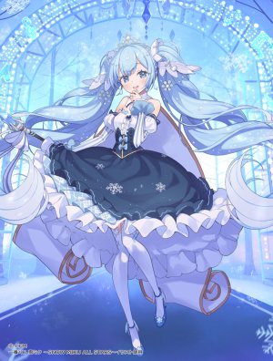 初音ミク,雪ミク,雪ミク2019,VOCALOID,Tam-U,碧眼,青发,breasts,连衣裙,全身,发饰,holding,长发,长袖,開口,プリンセス,笑顔,丝袜,双马尾,超长发,白丝