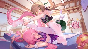 符玄,青雀,崩坏：星穹铁道,翼つばさ,脸红,茶发,绿色眼,长发,開口,裤袜,粉发,短裙,百合