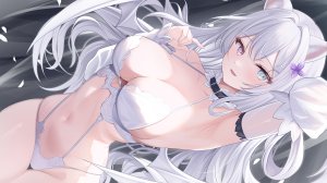 原创,kurage_cc,兽耳,露肩,碧眼,脸红,bra,breasts,cleavage,项圈,发饰,长发,视线正对,露脐,開口,胖次,花瓣,紫色眼,笑顔,single,下着,超长发,白发