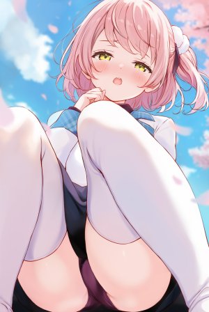 原创,相音うしお,脸红,视线正对,開口,胖次,粉发,衬衫,坐姿,短裙,天空,single,丝袜,下着,白丝,黄色眼