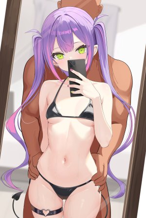 常暗トワ,Hololive,猫乃介,水着,breasts,cameltoe,holding,长发,视线正对,露脐,粉发,紫发,泳装,双马尾,超长发,Vtuber