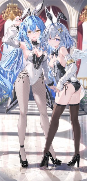 天音かなた,雪花ラミィ,Hololive,リン☆ユウ,兽耳,露肩,青发,领结,breasts,cleavage,精灵,全身,发饰,长发,长袖,视线正对,開口,裤袜,尖耳,紫色眼,衬衫,笑顔,丝袜,超长发,Vtuber,白发