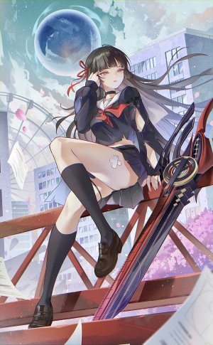 鸣潮,chisa,chigusa7h,single,长发,長身像,前发,黑发,红色眼,坐姿,天空,直刘海,风,少女,短裙,制服,weapon,项圈,水手服,创可贴