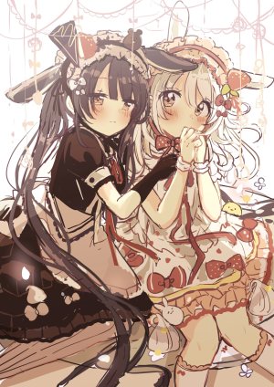 原创,佐倉おりこ,兽耳,围裙,前发,黑发,脸红,棕色眼,兔耳,连衣裙,手套,发饰,kneehighs,长发,视线正对,缎带,坐姿,白发,白丝