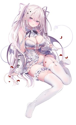 原创,飴乃うさリ,露肩,脸红,breasts,茶发,cleavage,恶魔娘,全身,视线正对,胖次,缎带,坐姿,single,丝袜,下着,白背景,白丝,翅膀