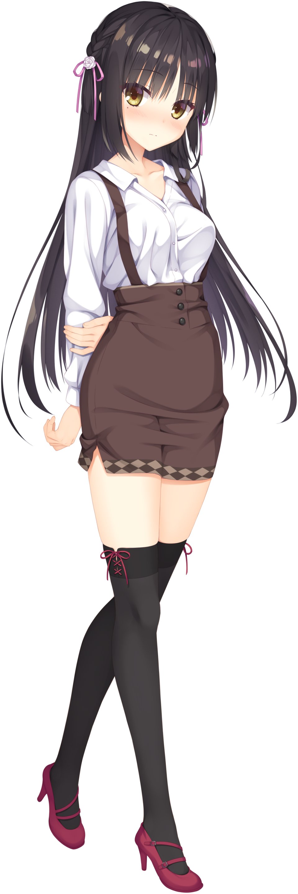 四季夏目,惑星咖啡与死神之蝶,小舞一,黑发,黑丝,脸红,三股辫,全身,长发,长袖,视线正对,短裙,single,黄色眼