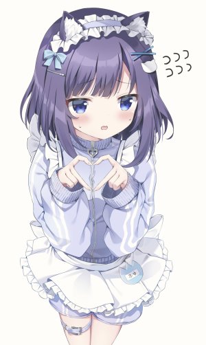 風衣葉冬優,请问您今天要来点兔子吗?,pizzzica,兽耳,围裙,碧眼,脸红,猫耳,发饰,长袖,女仆,開口,紫发,single,白背景