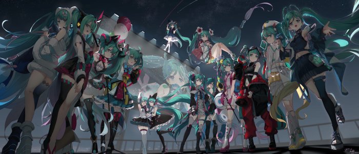 初音ミク,Magical_Mirai_Miku,マジカルミライ,魔法未来演唱会,VOCALOID,あさひクロイ,黑丝,全身,长发,视线正对,露脐,開口,短裙,天空,笑顔,丝袜,超长发,白丝