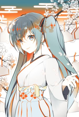 初音ミク,VOCALOID,aoi_sakurako,前发,碧眼,青发,和服,长发,长袖,视线正对,オビ,花瓣,笑顔,single,双马尾