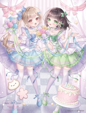 原创,小日向ほしみ,黑发,金发,脸红,花束,breasts,棕色眼,项圈,连衣裙,绿色眼,发饰,holding,长发,视线正对,開口,马尾辫,缎带,短发,笑顔,丝袜,白丝