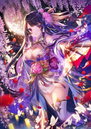 cla,sengoku_fubu,和服,传统服装,No-Bra,黑丝,胸部,黑发,笑顔,红色眼,露肩,巨乳