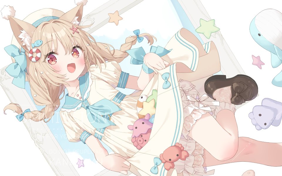 Hanamaru_Lily 原创 Peko 兽耳 灯笼裤 脸红 三股辫 茶发