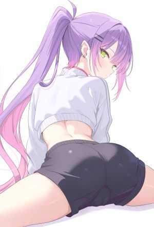 常暗トワ,Hololive,猫乃介,cameltoe,绿色眼,发饰,长发,视线正对,回头看,粉发,尖耳,马尾辫,紫发,single,超长发,Vtuber,白背景