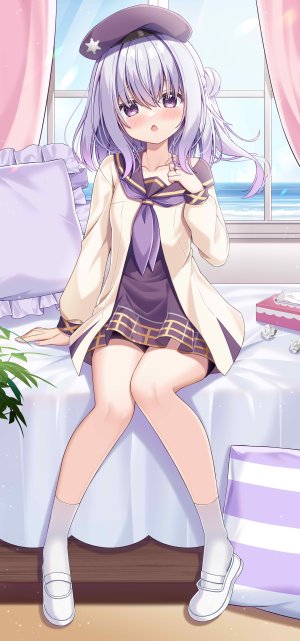 战舰少女R,风神chino,脸红,连衣裙,全身,包子頭,长袖,视线正对,開口,粉发,紫色眼,紫发,学校制服,坐姿,single