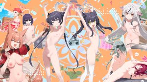 蔚蓝档案,竜華キサキ,春原瞬,春原心菜,春原シュン,朱城ルミ,ミナ,鹿山レイジョ,萝莉,三股辫,双团子头,包子頭,发饰,nude,丝袜,结发,白丝,兽耳,黑发,breasts,绿色眼,灰发,光晕,露脐,nipples,猫咪