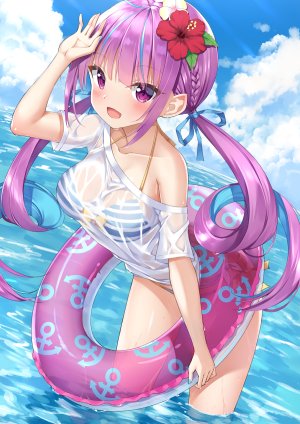 湊あくあ,Hololive,玩笑koto,呆毛,露肩,水着,三股辫,胸部,发饰,长发,视线正对,横乳,開いた口,紫色眼,紫发,衬衫,笑顔,single,泳装,双马尾,Vtuber,碧蓝航线