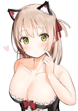 原创,idemitsu,兽耳,前发,露肩,脸红,胸部,猫耳,cleavage,连衣裙,巨乳,长发,缎带,single,白背景,黄色眼