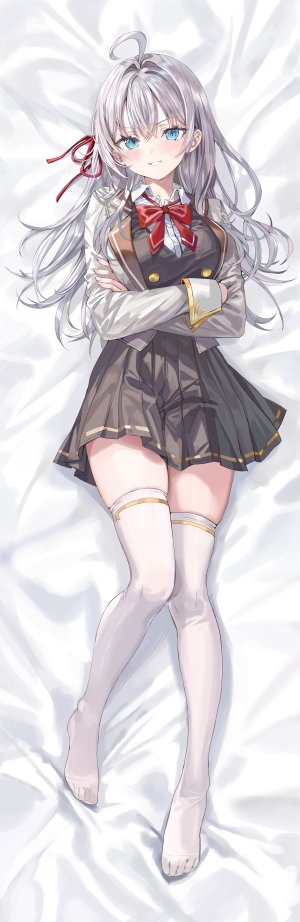 艾莉莎·米哈伊洛芙娜·九条,不时用俄语小声说真心话的邻桌艾莉同学,momoko,呆毛,碧眼,领结,全身,灰发,长发,长袖,视线正对,横臥,缎带,学校制服,衬衫,短裙,笑顔,single,丝袜,白丝,絶対領域