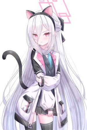 天童Kei,蔚蓝档案,茜詩ちとせ,兽耳,黑丝,脸红,猫耳,光晕,视线正对,褶皱裙,衬衫,短裙,single,丝袜,白发