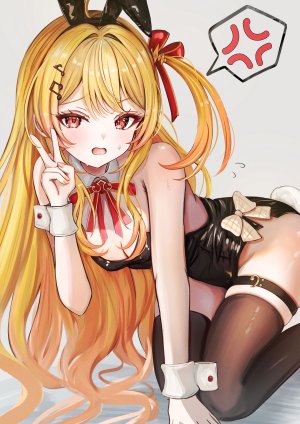 Vtuber,Hololive,hololive_dev_is,音乃瀬奏,mito_soosu,single,长发,長身像,视线正对,前发,脸红,breasts,金发,红色眼,兽耳,cleavage,呆毛,兔耳,兔女郎,少女,丝袜,发饰,白背景,黑丝,下着,胖次