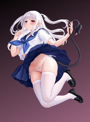 原创,allenes,脸红,恶魔娘,全身,长发,视线正对,胖次,褶皱裙,尖耳,红色眼,学校制服,水手服,衬衫,短裙,笑顔,single,丝袜,下着,白发,白丝