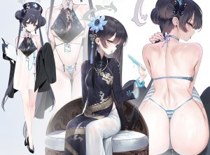 竜華キサキ,蔚蓝档案,dishwasher1910,露肩,水着,黑发,碧眼,脸红,breasts,汉服,双团子头,连衣裙,全身,手套,包子頭,发饰,光晕,holding,长发,长袖,视线正对,回头看,マイクロビキニ,护士,胖次,衬衫