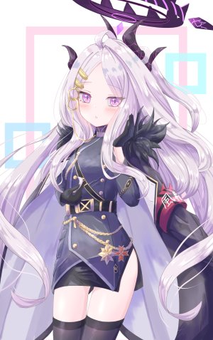 空崎ヒナ,蔚蓝档案,茜詩ちとせ,呆毛,黑丝,脸红,breasts,cross,手套,光晕,horns,长发,长袖,视线正对,迷你短裙,紫色眼,短裙,single,丝袜,白背景,白发,絶対領域