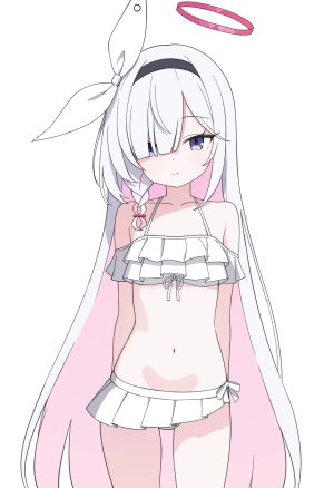 普拉娜,蔚蓝档案,jyt,露肩,水着,直刘海,脸红,光晕,长发,视线正对,露脐,粉发,笑顔,single,泳装,超长发,白背景,白发