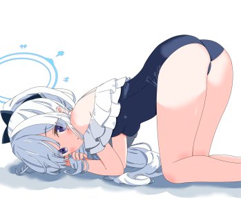 月雪ミヤコ,蔚蓝档案,Masushi_Masashi,四つん這い,光晕,视线正对,紫色眼,single,泳装,白背景,白发