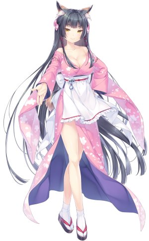 ネコぱら,sayori,柚葉,兽耳,围裙,铃,黑发,breasts,猫耳,cleavage,全身,和服,长发,长袖,视线正对,缎带,笑顔,single,超长发,白背景,黄色眼