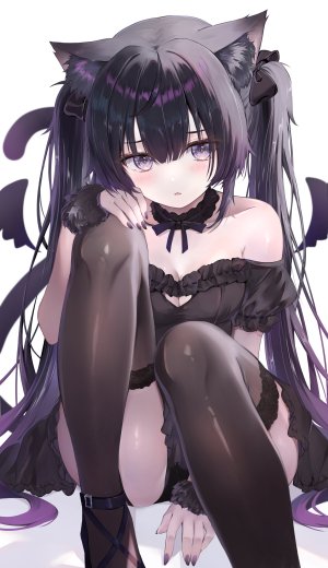 原创,みはす,兽耳,露肩,黑发,黑丝,脸红,breasts,猫耳,猫娘,猫尾,cleavage,长发,视线正对,紫色眼,紫发,衬衫,短裙,single,丝袜,白背景