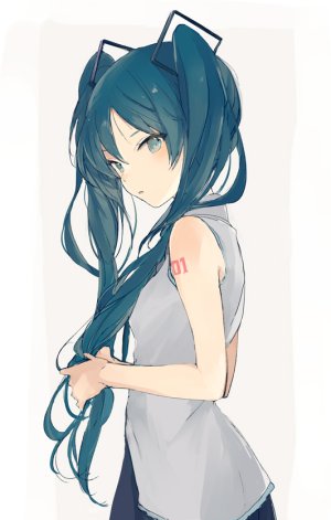 初音ミク,VOCALOID,Lpip,前发,露肩,脸红,胸部,绿色眼,绿发,发饰,holding,长发,衬衫,短裙,貧乳,single,双马尾