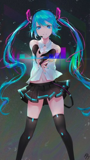 初音ミク,VOCALOID,r/h,前发,黑丝,碧眼,青发,衬衫,长发,长袖,视线正对,迷你短裙,露脐,缎带,短裙,single,双马尾,絶対領域