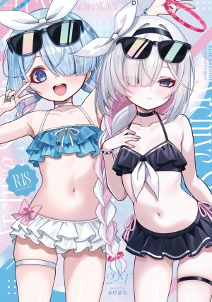 阿洛娜,普拉娜,蔚蓝档案,comiket_107,fukemachi,水着,碧眼,青发,脸红,三股辫,项圈,灰发,光晕,长发,视线正对,露脐,開口,粉发,笑顔,泳装,超长发