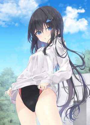 原创,ふぇありぃあい,黑发,碧眼,breasts,发饰,连帽衫,长发,长袖,视线正对,天空,single,泳装,超长发