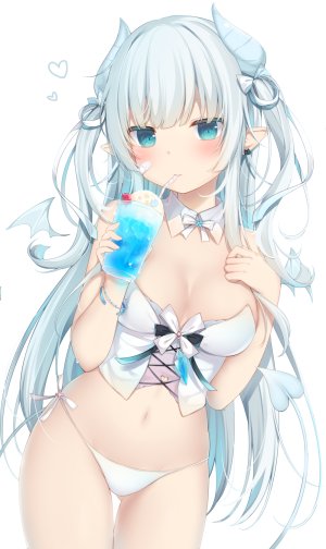 原创,甘城なつき,长发,single,長身像,脸红,视线正对,胸部,前发,白背景,露肩,巨乳,holding,cleavage