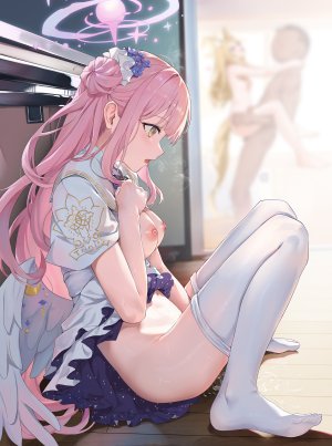 埃策尔,圣园未花,百合园圣娅,蔚蓝档案,天使,兽耳,breasts,光晕,萝莉,自慰,naked,nipples,裤袜,妹汁,掀裙,翅膀