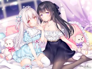 和錆,原创,黑发,脸红,连衣裙,长发,黑丝,紫色眼,缎带,短裙,泰迪熊,头饰,絶対領域,signed,watermark