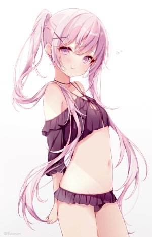 原创,ramunezake,前发,露肩,水着,脸红,平胸,发饰,长发,视线正对,露脐,紫色眼,紫发,笑顔,single,泳装,双马尾