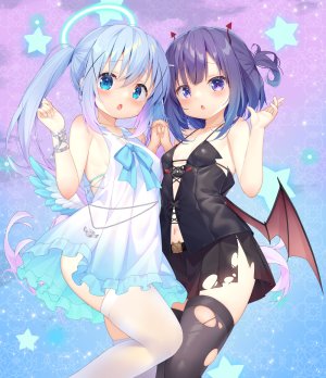 風衣葉冬優,香風智乃,请问您今天要来点兔子吗?,タク道,露肩,黑丝,碧眼,青发,手镯,breasts,恶魔娘,连衣裙,发饰,光晕,horns,长发,视线正对,露脐,開口,开衫,紫发,衬衫,短裙,丝袜,爆衣,双马尾