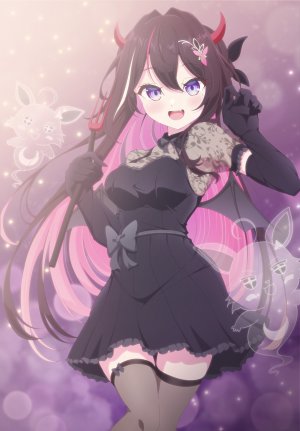 Vtuber,Hololive,azki,pioneer,shimada,single,长发,長身像,视线正对,breasts,開口,笑顔,茶发,紫色眼,粉发,絶対領域,万圣节,少女,丝袜,连衣裙,手套,黑丝,翅膀,長手袋