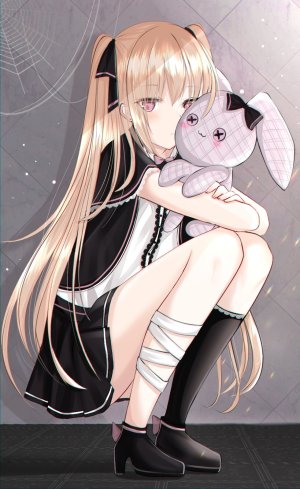 原创,しゃら,长发,single,長身像,脸红,视线正对,前发,金发,双马尾,holding,全身