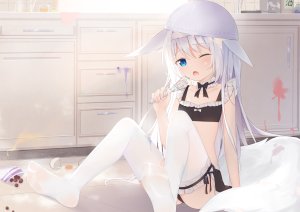 原创,fufumi,兽耳,前发,露肩,脸红,bra,holding,长发,视线正对,闭只眼,開いた口,胖次,银发,坐姿,短裙,single,黑丝,下着,白丝