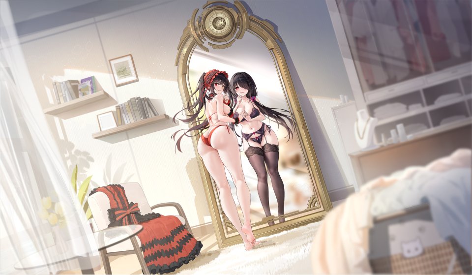 时崎狂三 碧蓝航线 DATE·A·LIVE 露肩 黑发 黑丝 Bra Breasts