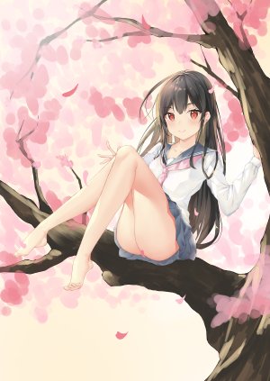 原创,nekoma0116,裸足,黑发,脸红,樱花,全身,长发,长袖,视线正对,迷你短裙,红色眼,学校制服,水手服,衬衫,坐姿,短裙,single