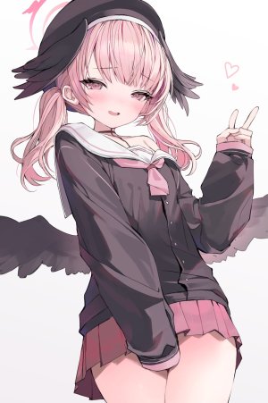 c0m3_as_y0u_ar3,下江コハル,蔚蓝档案,脸红,光晕,萝莉,视线正对,迷你短裙,粉发,褶皱裙,学校制服,水手服,衬衫,短裙,笑顔,single,双马尾,白背景,翅膀